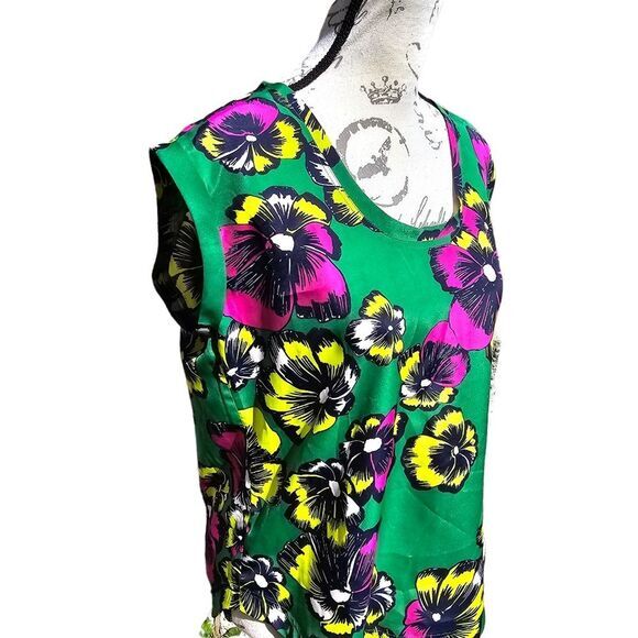 J. Crew -1518 Green Pink Tropical Floral Scoop Neck Sleeveless Blouse Top Size 6 - Picture 2 of 7